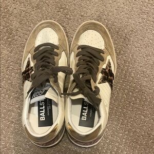 Golden Goose Cream and Brown Sneakers with Leopard Accent